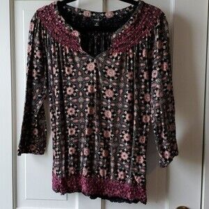 LUCKY BRAND BLACK PINK SMOCKED TOP SIZE MEDIUM BOHEMIAN COTTON